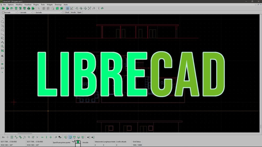 L'immagine raffigura uno sfondo nero con al centro una scritta verde accesso con scritto "LIBRECAD". 