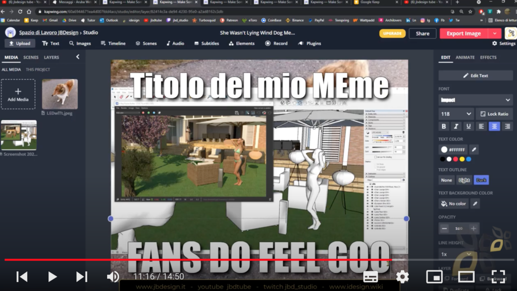 L'immagine rappresenta la creazione di un meme nel sito Kapwing. E' presente la pagina centrale del sito in cui è raffigurata una scritta bianca "Titolo del mio meme" al di sotto della scritta si trova un'immagine che rappresenta una giardino verde di una casa con alcuni divanetti e la figura di una ragazza in costume. Al di sotto dell'immagine è presente un'altra scritta bianca "Fans do feel good"