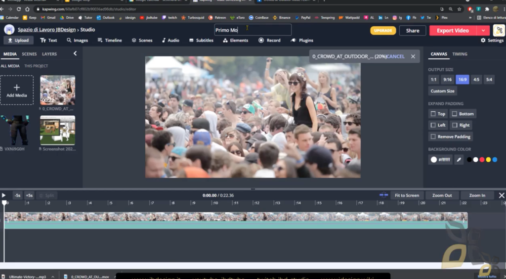 L'immagine rappresenta un esempio di creazione di video attraverso il sito Kapwing, è presente una time line dove poter sistemare il video e un esempio di file aggiunto all'interno del sito che raffigura tante persone ad un concerto. 
