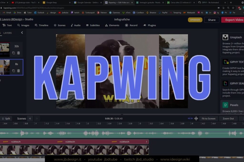 lo sfondo dell'immagine riguarda la creazione di un video sul sito Kapwing. Al centro dell'immagine vi è posta la scritta "Kapwing" in violetto di grandi dimensioni. 