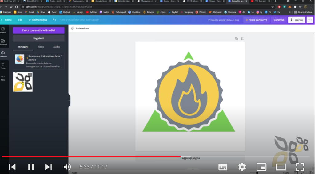 In questa immagine si raffigura una creazione ipotetica di un logo, i colori prevalenti sono il giallo, il grigio e il verde. Sullo sfondo c'è un triangolo verde, sul quale è posizionato un cerchio all'interno del quale viene posta una fiamma grigia.
