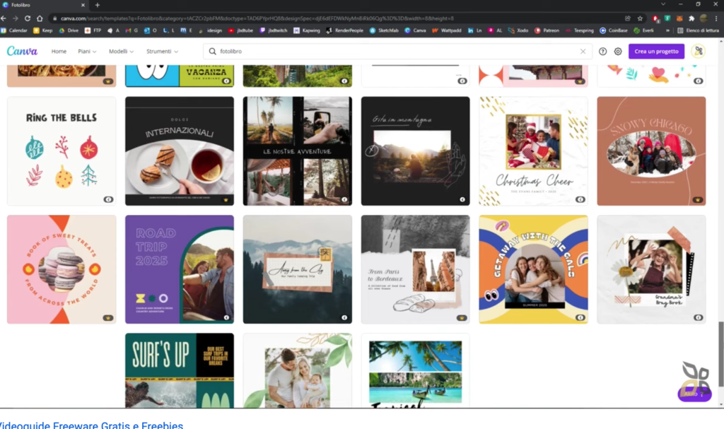 Nell'immagine vengono rappresentati vari tipi di template per la creazione di fotolibri  e grafiche
