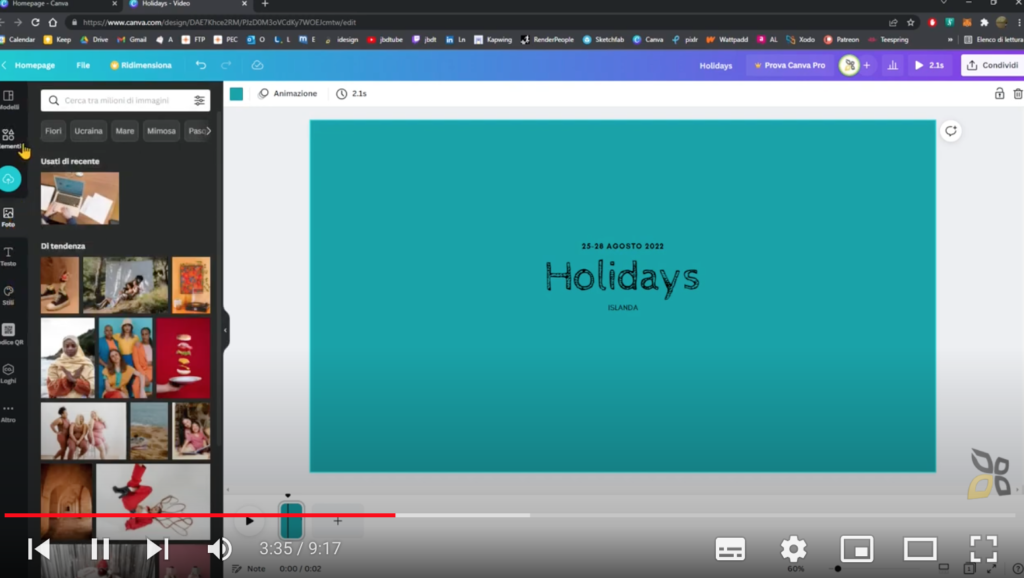 l'immagine rappresenta un esempio di montaggio video tramite l'utilizzo di canva, viene raffigurato uno sfondo turchese con al centro una scritta piccola "Holidays"