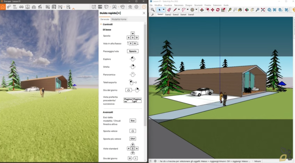 l'immagine rappresenta un esempio di strumenti utilizzati nel software Enscape, è presente la creazione del modellino di una casa 