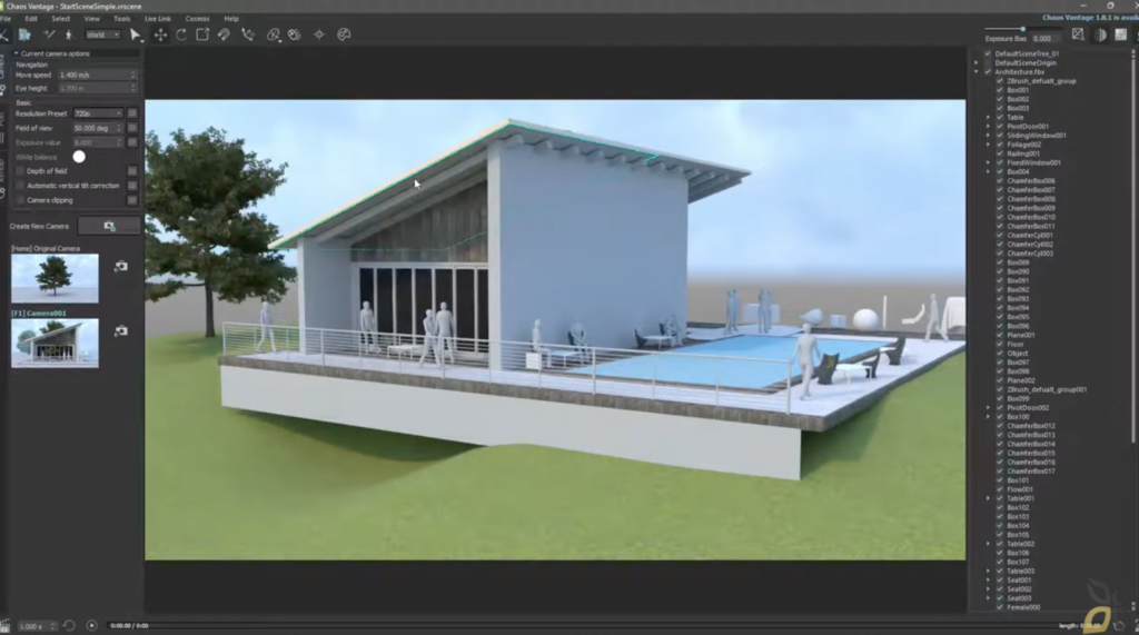 l'immagine rappresenta un modello 3D di una casa, lo sfondo è un prato verde chiaro, con un albero posto sulla sinistra. 