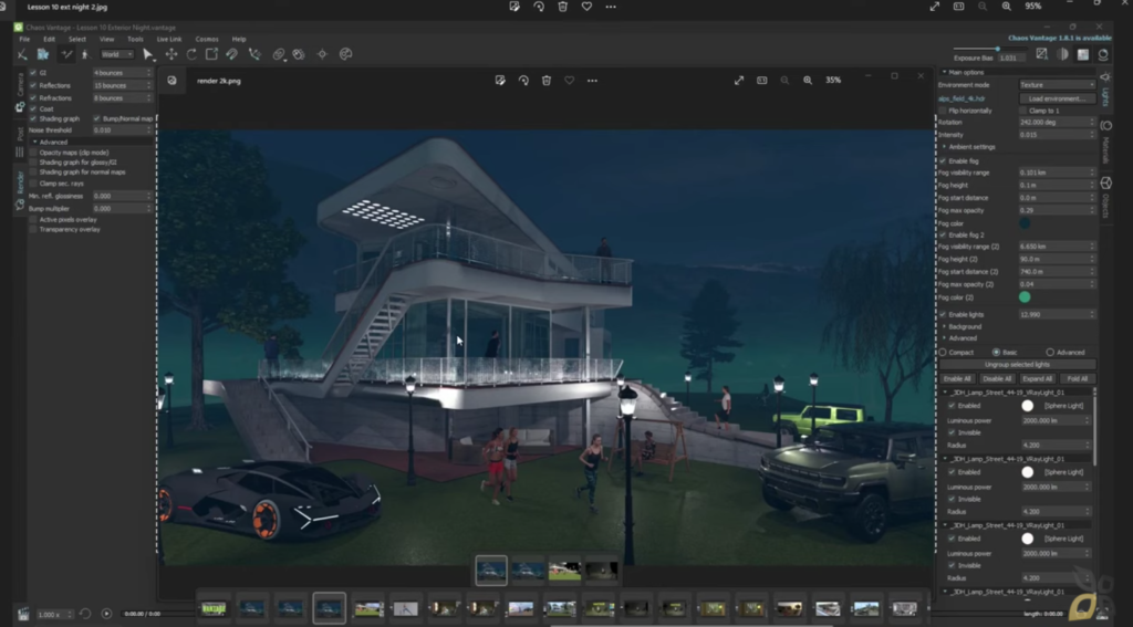 L'immagine rappresenta il rendering esterno di una Casa a due piani in visione notturna 