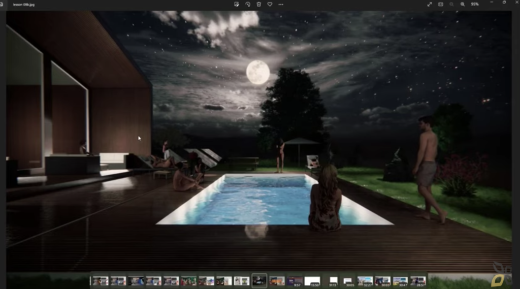 l'immagine rappresenta un rendering notturno, è presente la piscina illuminata e la luna che brilla nel cielo