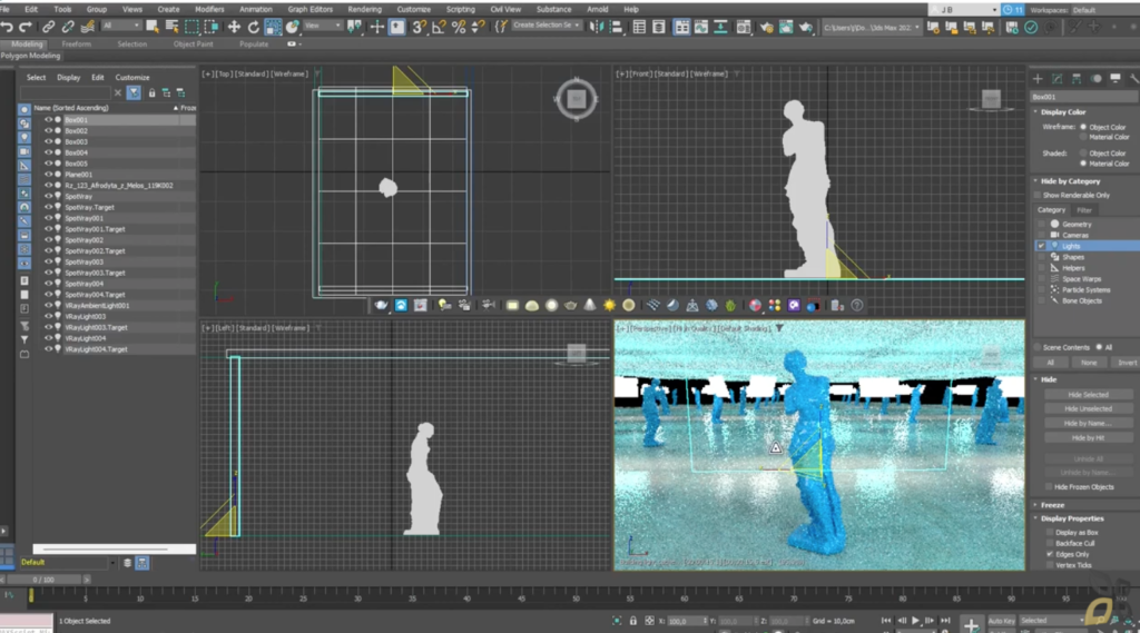 l'immagine rappresenta la schermata di vray 3DSMAX in cui viene creata una statua con l'utilizzo di materiali e texture diverse