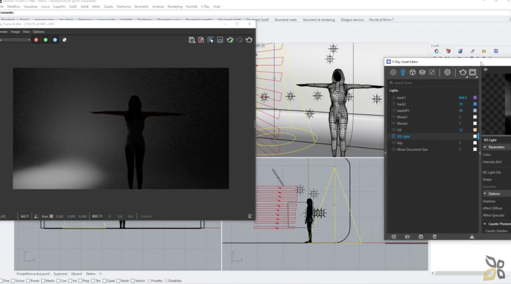 L'immagine rappresenta la creazione di un modellino 3D della figura di una donna, e l'utilizzo di effetti di luce. 