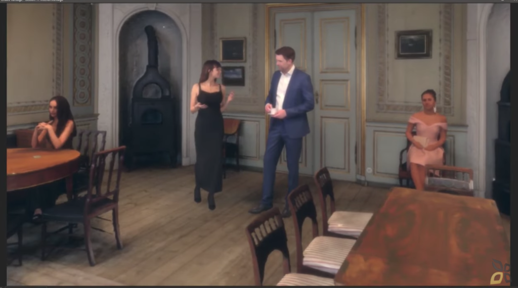 L'immagine rappresenta un rendering interno di una stanza di una casa, al suo interno sono presenti anche quattro persone, due in piedi e due sedute al lato della stanza