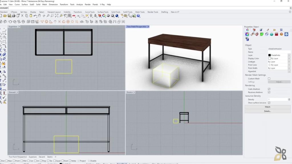 l'immagine rappresenta la creazione di una scrivania utilizzando il modello 3D di Vray for Rhino 