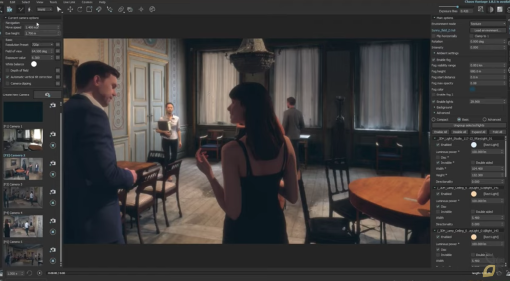 L'immagine rappresenta un rendering interno di un'animazione con il programma Vantage, grazie all'utilizzo di varie inquadrature e frame rate