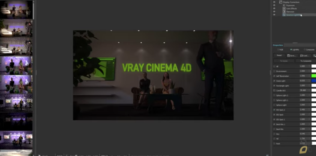 l'immagine rappresenta l'utilizzo di un'illuminazione basata su un immagine, al centro del muro della camera rappresentata viene proiettato con una luce verde chiaro la scritta "Vray cinema 4D"