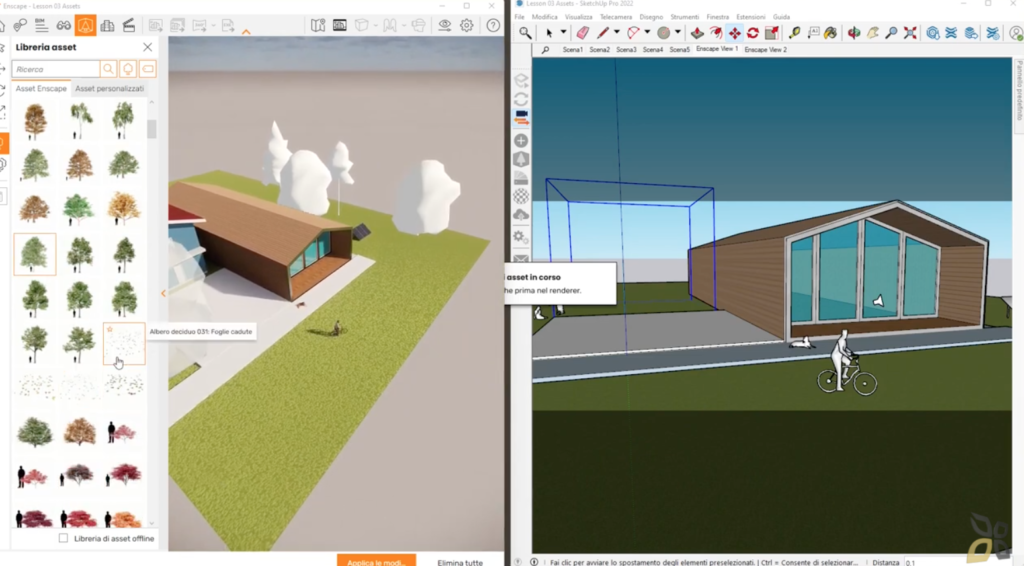 L'immagine è divisa in due, nella parte sinistra è presente un modellino 3d di una casa vista dall'alto, mentre nella parte destra è presente il modello 3d di una casa con una persona in bicicletta su un prato verde