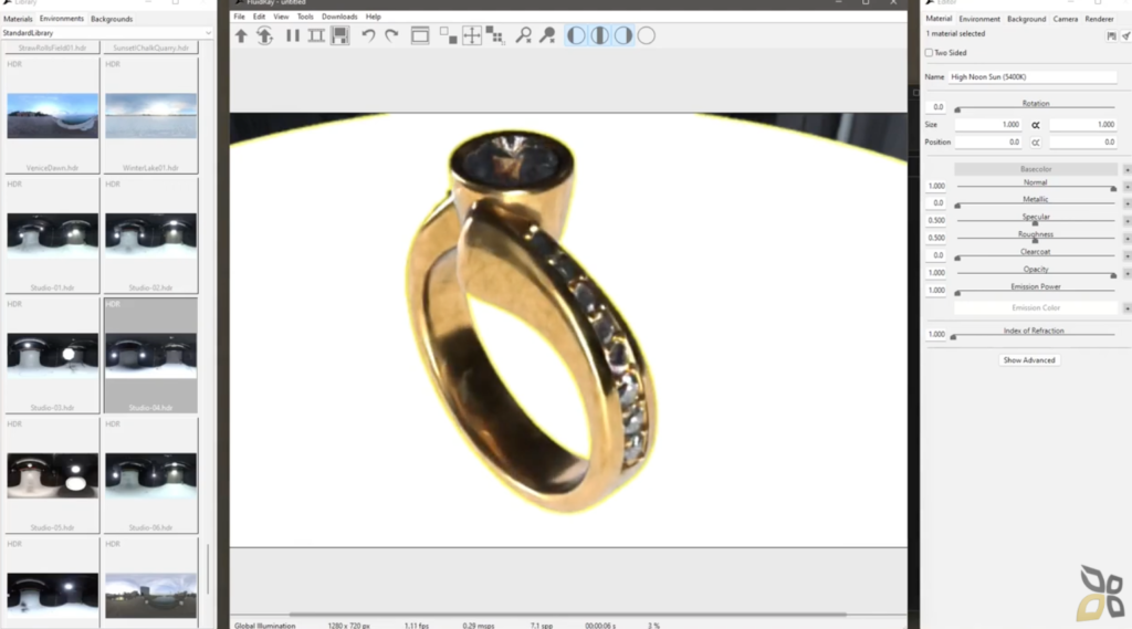 L'immagine rappresenta un anello dorato in 3D creato con Fluidray