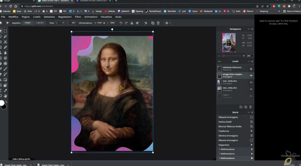 L'immagine rappresenta la Gioconda, utilizzando un fotomontaggio con l'aiuto del software Pixlr 