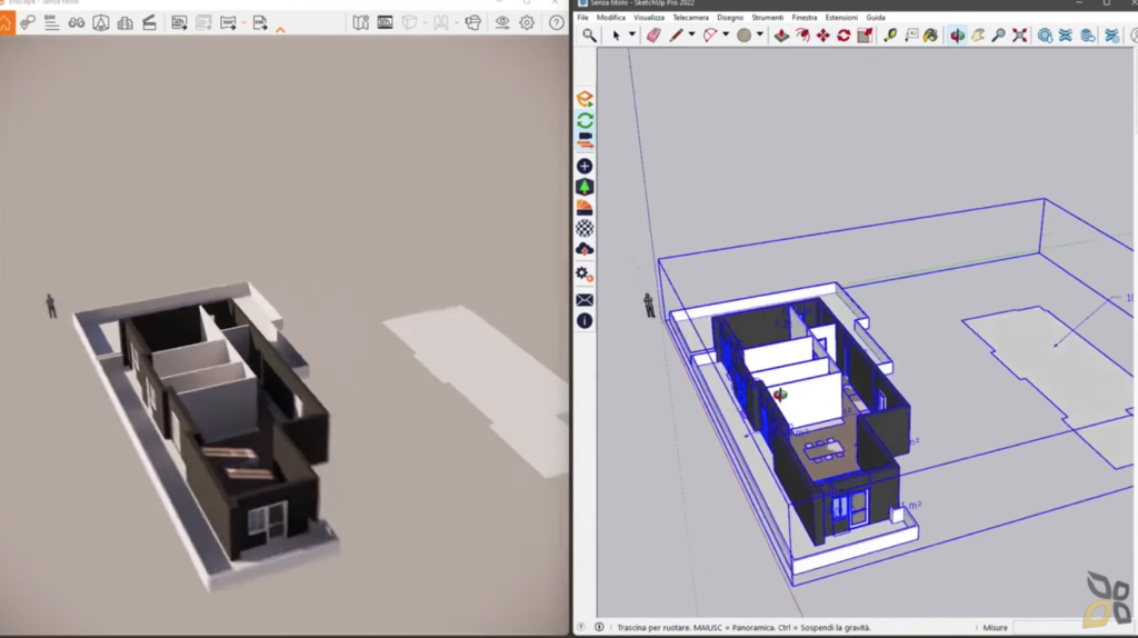 l'immagine raffigura un modello di una casa aperto 3d, nella parte sinistra dell'immagine sono presenti delle linee viola che rappresentano gli spazi di cui è composta la casa