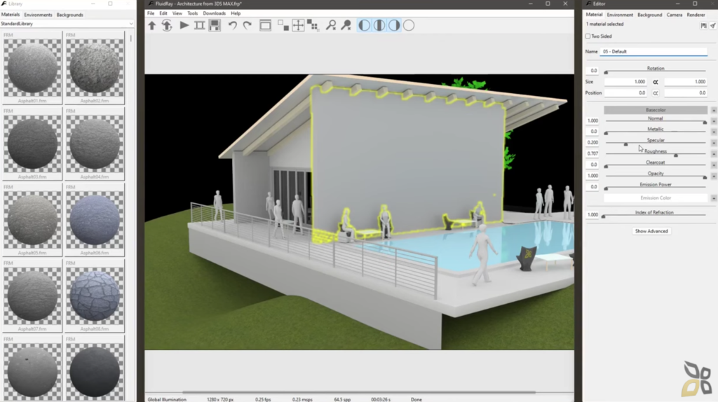 L'immagine rappresenta un esempio di rendering, è rappresentata l'esterno di una casa, con piscina e sono presenti all'incirca una decina di persone