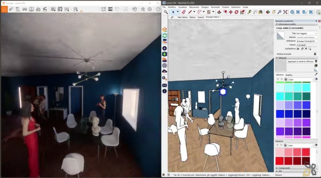 L'immagina rappresenta una funzione del software Enscape ovvero l'utilizzo di illuminazione artificiale all'interno di una creazione di rendering interno di una stanza con delle pareti blu scuro