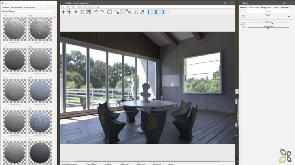 all'interno dell'immagine è rappresentata una sala da pranzo di una casa, con una vetrata sulla sinistra, grazie a Fluidray è possibile modificare l'opacità, la luminosità e le grafiche della rappresentazione