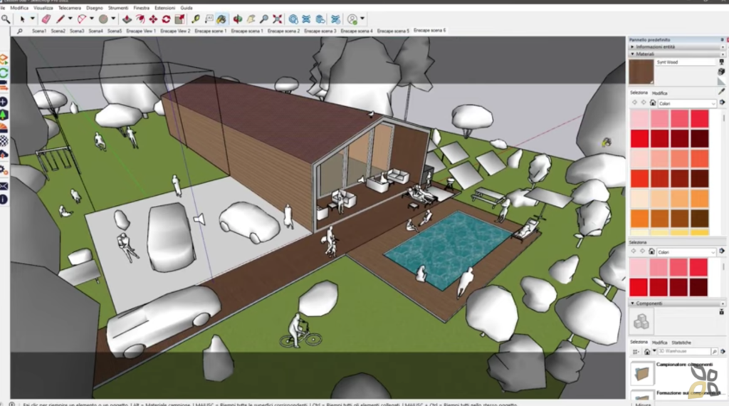 l'immagine rappresenta un rendering esterno di una casa con piscina, viene  visualizzato il modellino di tutto lo spazio esterno dell'abitazione