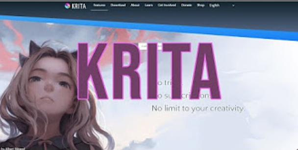 L'immagine raffigura un personaggio femminile fantastico e al centro viene posta la scritta "Krita" in grassetto di colore violetto. 