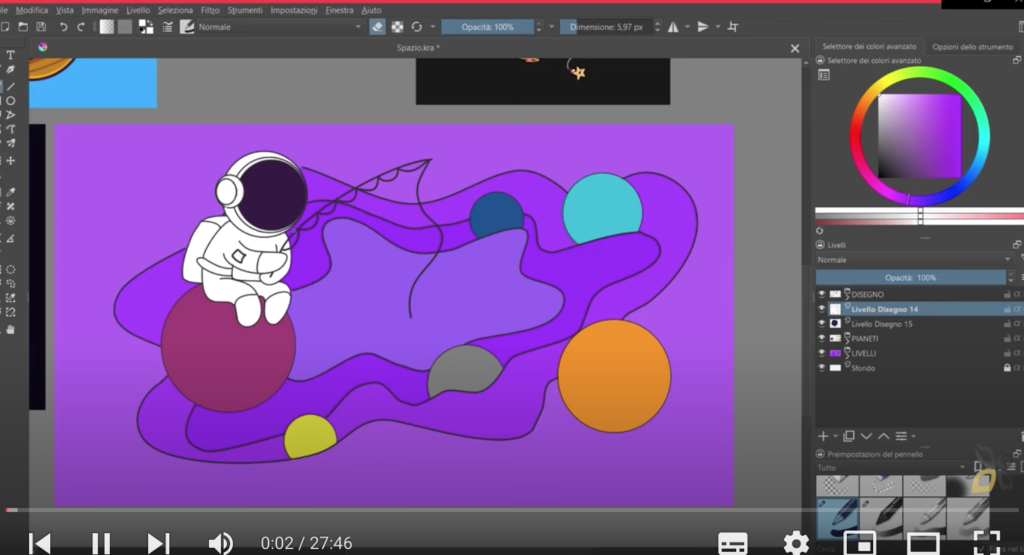 Nell'immagine viene raffigurata la colorazione di un'illustrazione tramite il programma Krita, viene raffigurato un astronauta su un pianeta. 