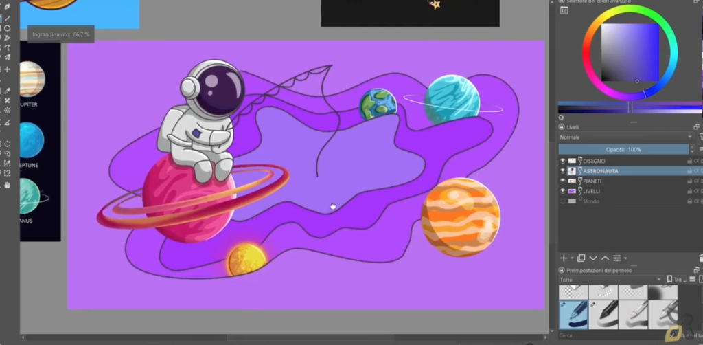 L'illustrazione è simile alla precedente (Astronauta sui pianeti), l'unica differenza è che grazie agli strumenti del programma Krita vengono aggiunti dei dettagli di colore, come le venature dei pianeti. 