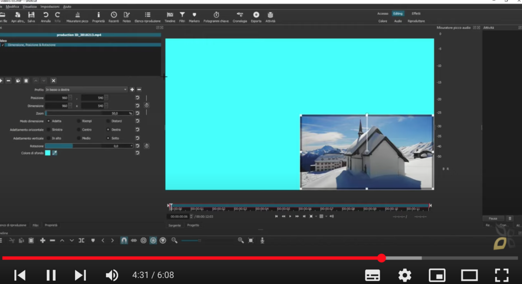 L'immagine è volta a rappresentare come si modifica la dimensione di una clip all'interno di un video con il programma Shotcut