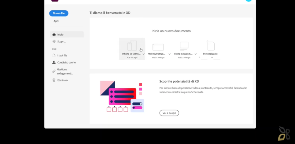 L'immagine raffigura la home page del programma Adobe XD