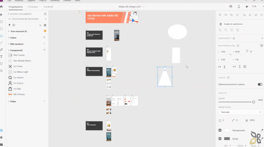 Nella figura viene rappresentato un percorso guidato all'interno dI Adobe XD, si possono creare forme, inserire immagini. 