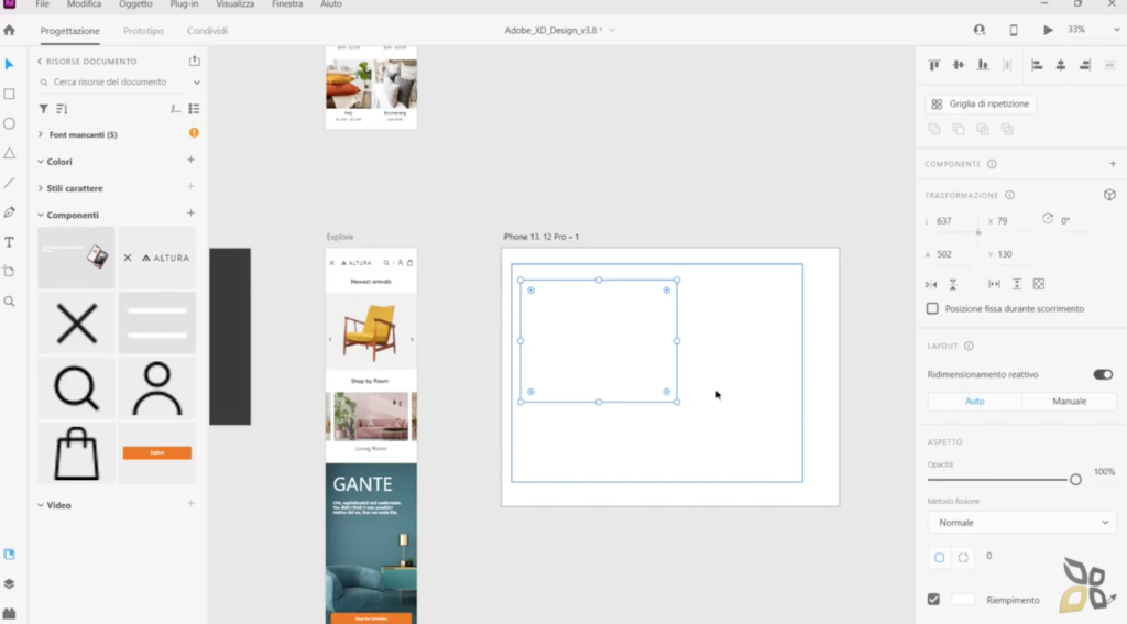L'immagine rappresenta l'utilizzo di strumenti di allineamento e di combinazione di forme nel programma Adobe