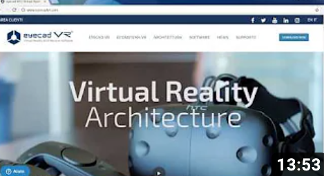 L'immagine rappresenta la copertina del programma Eyecad VR, dietro alla scritta di colore bianco è posto un visore di realtà virtuale. 