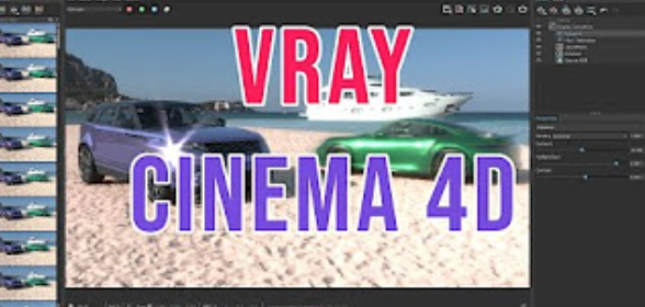 L'immagine rappresenta la copertina del corso Vray for Cinema 4D, la scritta è posta al centro e lo sfondo rappresenta una spiaggia con due macchine e una barca bianca