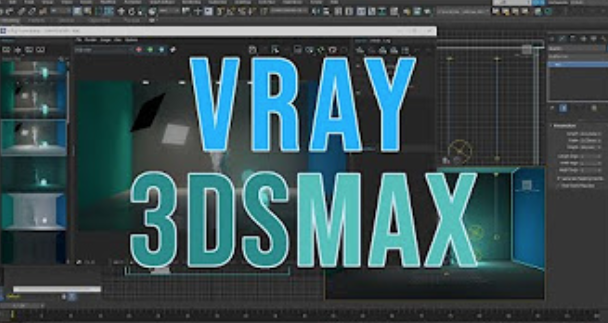 l'immagine rappresenta la copertina del corso Vray 3DSMAX, la scritta del corso è posta al centro della schermata ed è di colore azzurro e verde