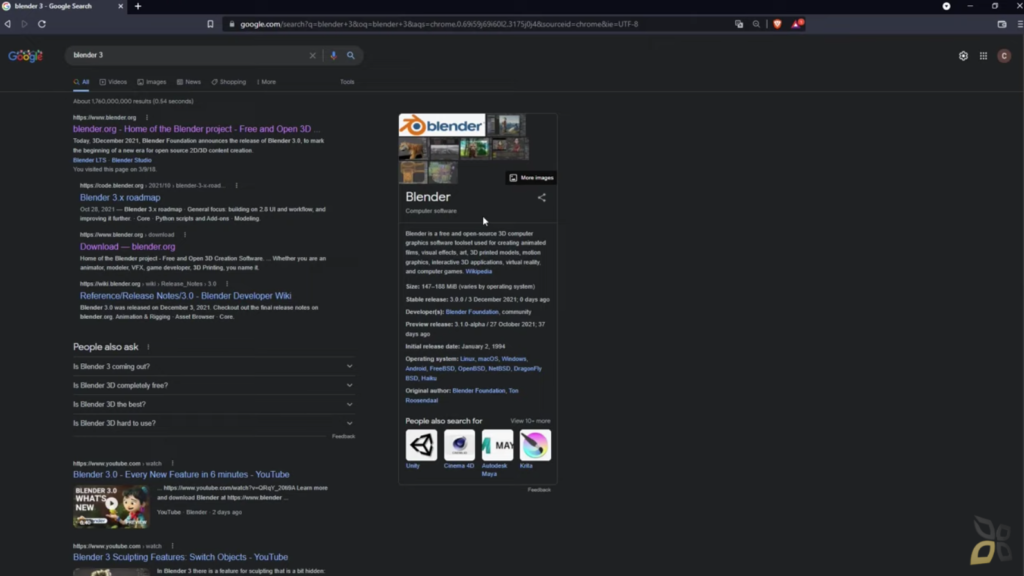 è rappresentata la pagina di ricerca google su cui viene cercato blender 3 per l'installazione