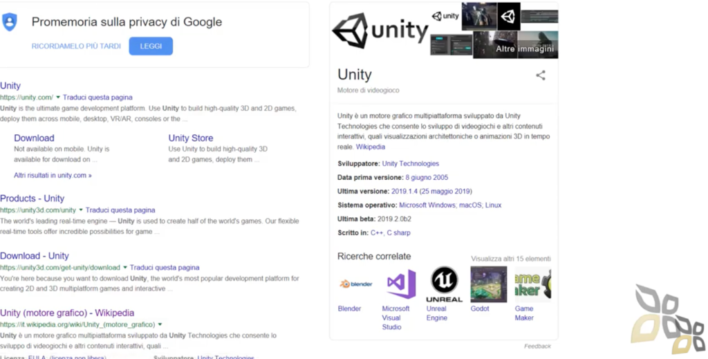 l'immagine rappresenta come installare il corso unity, infatti rappresenta la ricerca del software su google 