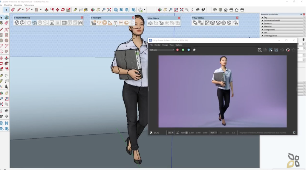 l'immagine rappresenta una figura femminile creata con Vray for Sketchup, viene utilizzata una luce viola per illuminare lo sfondo