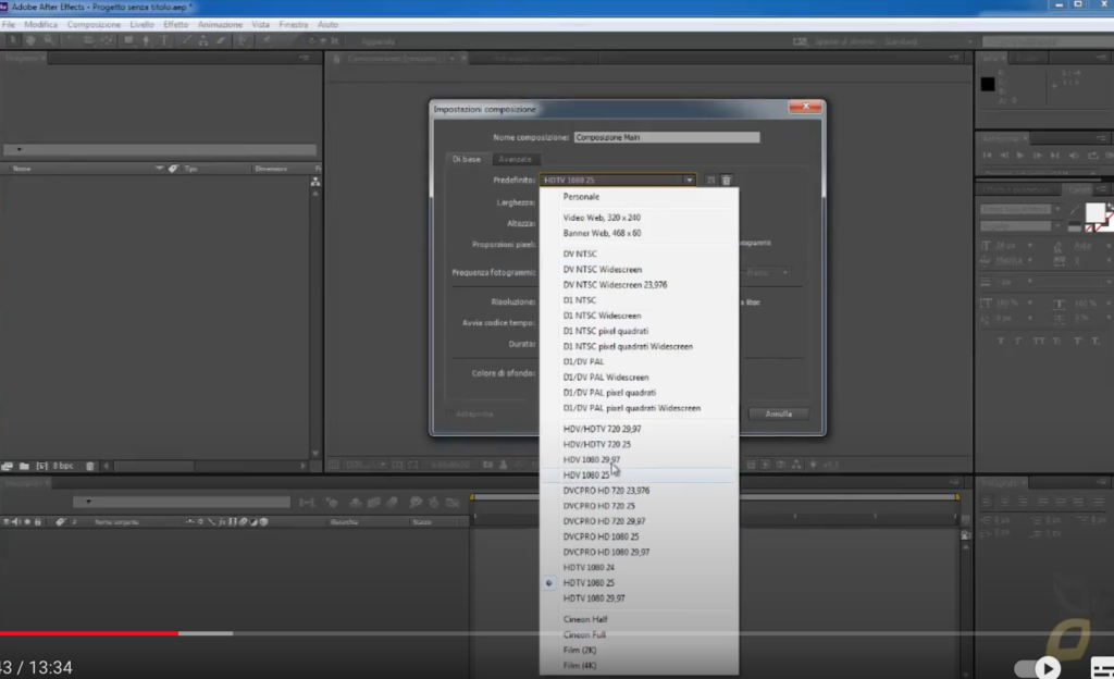 esempio di creazione di una composizione con after effects