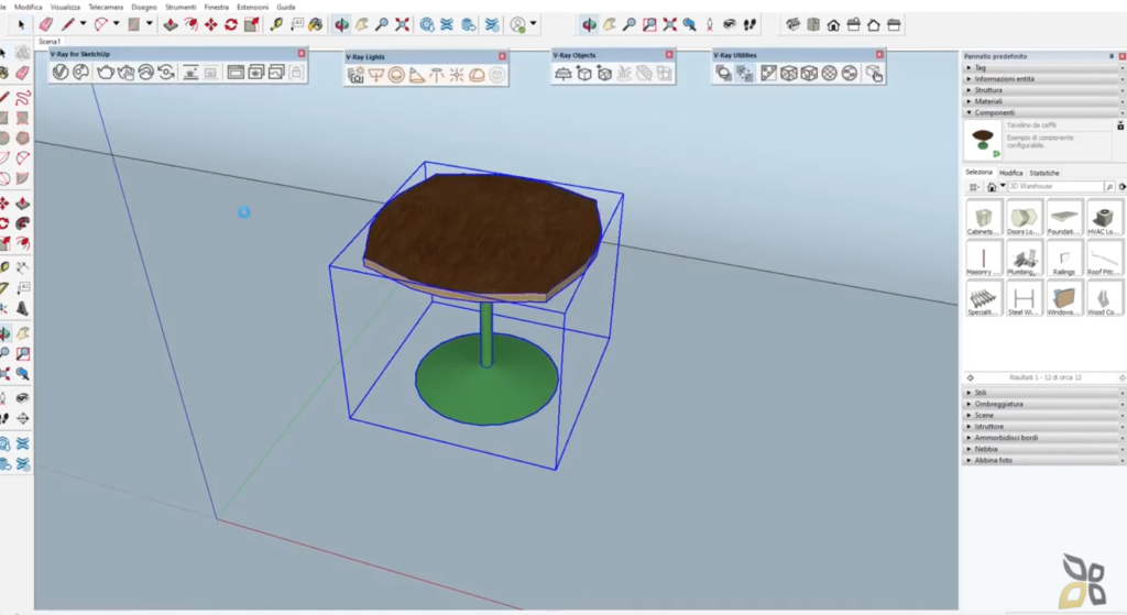 l'immagine rappresenta la creazione di un tavolo secondo l'utilizzo del modello 3D, enfatizzando il fatto che il materiale utilizzato per la parte principale del tavolo è il legno