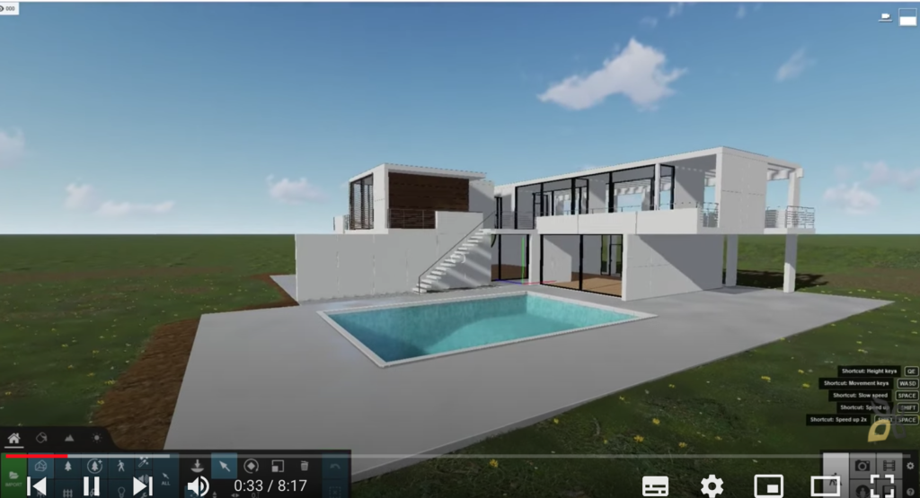 l'immagine raffigura una casa vista dall'esterno con una piscina creata grazie all'utilizzo di materiali e texture avanzate