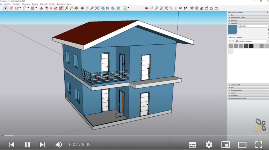 rappresentazione di un casa con materiali e texture diversi, il colore prevalente è il celeste