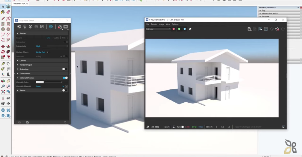 l'immagine rappresenta un esempio di rendering interattivo di una casa a due piani, prevale il colore bianco, tranne che per lo sfondo che ricorda l'azzurro chiaro del cielo