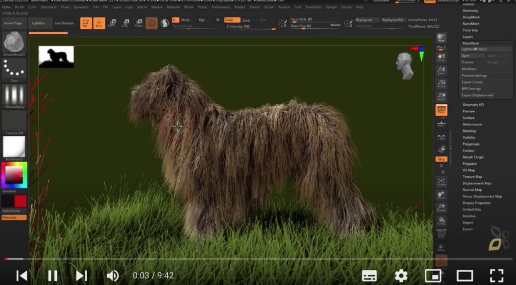 l'immagine è volta a rappresentare un modello 3D di un cane evidenziando la pelliccia lunga e liscia 