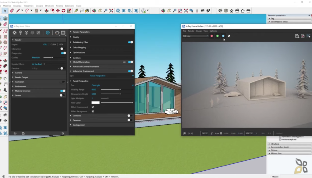 l'immagine raffigura la schermata di vray for sketchup in cui vengono elencate tutte le possibili soluzioni di effetti e rendering applicabili al progetto
