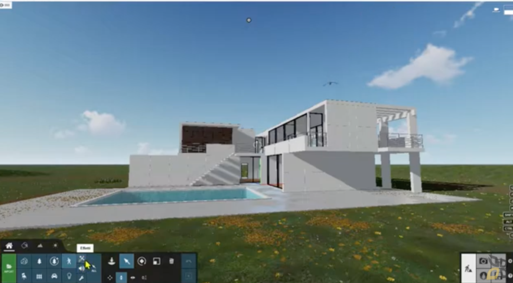 l'immagine rappresenta l'esterno una casa di colore bianco con piscina, in uno spazio ampio verde
