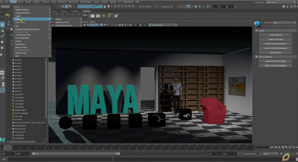 l'immagine rappresenta l'uso dell'animazione e del fotogramma con il programma Maya
