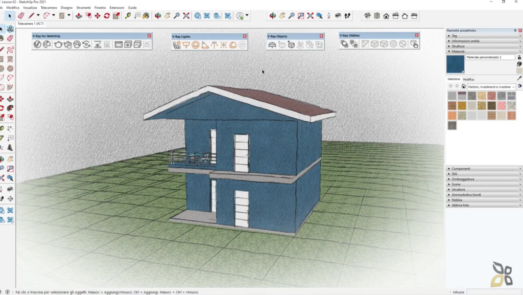 l'immagine rappresenta la creazione di un rendering fisso di una casa blu su due piani