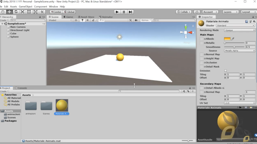 l'immagine raffigura un esempio di animazione materiale, la pallina raffigurata è di colore gialle, posta su una superficie bianca