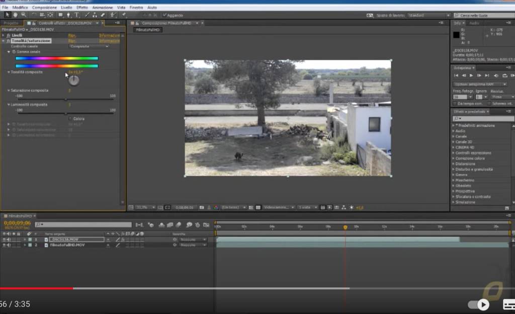 l'immagine rappresenta come cambiare tonalità e saturazione in un progetto con after effects